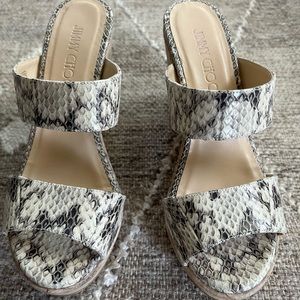 Jimmy Choo Snake Embossed Leather Cork Wedge Sandals Size 37.5